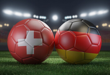 Fototapeta premium Two soccer balls in flags colors on a stadium blurred background. Group A. Switzerland and Germany. 3D image.