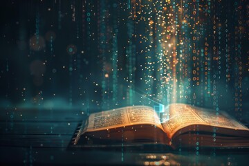  Magical open book with digital binary code and sparkling light effects, blending knowledge and technology.