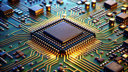 Detailed view of a computer chip showing the tiny transistors and pathways that make up its functionality. 