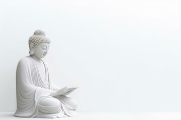  Minimalist white Buddha statue on plain background, peaceful and spiritual themes.