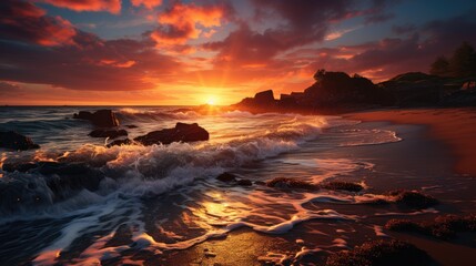 Colorful sunset over the ocean. Raging waves on the beach in the evening.