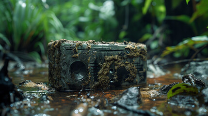 A rugged, waterproof Bluetooth speaker, covered in mud, against a backdrop of lush green forest.