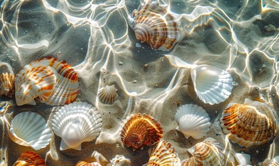 Group of seashells on sandy beach