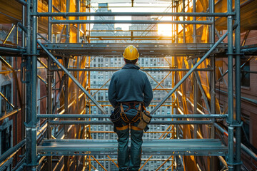 Builder on scaffolding near house under construction