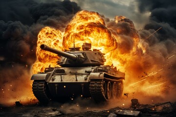 Fototapeta premium Devastating Tank fire explosion war. City violence. Generate Ai
