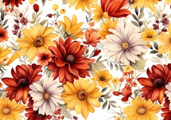 Floral pattern with red, yellow, and orange flowers on white background