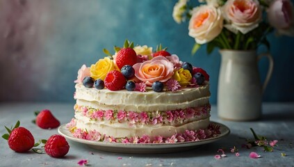 Flower cake, flowers, food photography, beautiful, delicious food, recipe photography, realistic, natural light, colorful, food art, object photography, still life food photography, ultra hd, bokeh, c