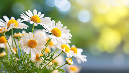 Fresh chamomile flowers for tea and medicine with free text space