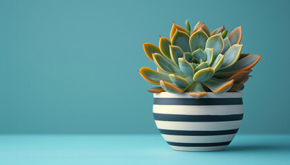 succulents in a striped pot on a blue background