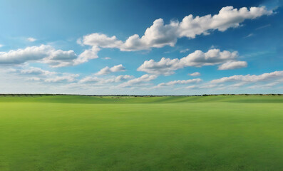 Obraz premium Beautiful natural scenic panorama green field of cut grass into and blue sky with clouds on horizon. Perfect green lawn on summer sunny day.
