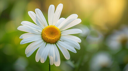 Fototapeta premium A cheerful daisy, its white petals adorned with a burst of sunny yellow at its center, radiating joy and positivity.