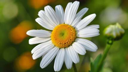 Obraz premium A cheerful daisy, its white petals adorned with a burst of sunny yellow at its center, radiating joy and positivity.