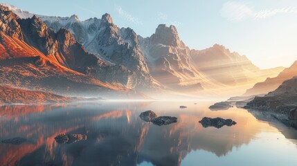 Desert mountain and oasis lake with morning sunrise light and misty environment, panoramic...
