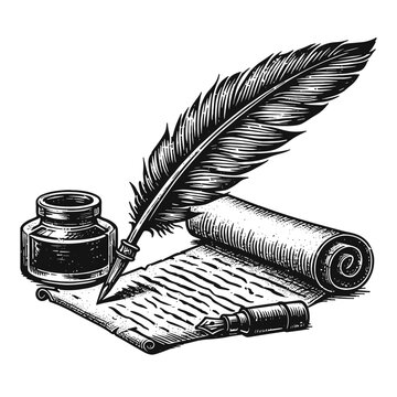 quill pen and scroll next to an inkwell sketch