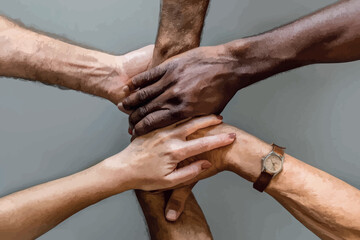 Fototapeta premium Group of young people meditating during yoga retreat, Conceptual symbol of multiracial human hands making a circle