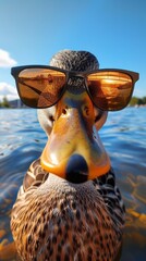Duck with sunglasses on a lake reflecting sunset