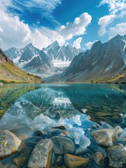 Beautiful mountain lake with blue sky in background