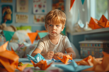 Child makes origami at home on the table