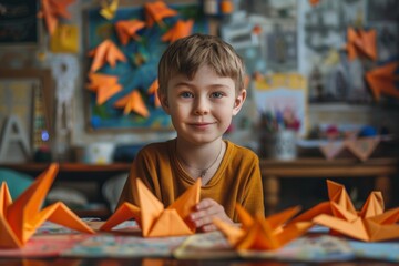 Child makes origami crafts from colored paper