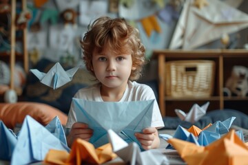 Child makes origami at home on the table