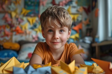 Child makes origami crafts from colored paper