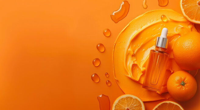orange skincare serum bottle with drops and fruit, with copy space