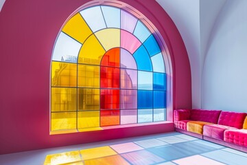 Interior of a room with a bright stained glass arched window