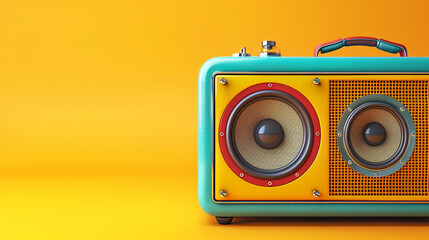 A retro-styled speaker with colorful accents on a bright yellow solid background