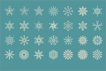 Snowflakes vector icons. White snow winter snowflakes template isolated on blue background. Editable stroke 
