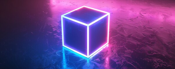 Neon glowing cube on a textured surface