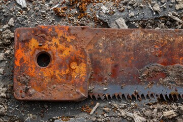 An old, rusted piece of metal on the ground. Suitable for industrial backgrounds - Powered by Adobe