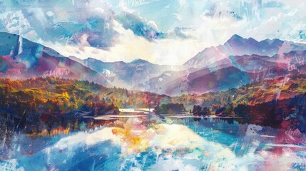 generative ai illustration of beautiful landscape with mountains and lakes in watercolor, aquarelle...