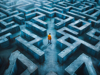 Man in orange jacket standing inside maze looking for the way out, solution searching concepts