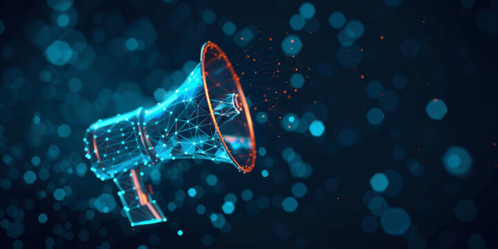Megaphone. Low poly wireframe marketing blue background or concept with hand loudspeaker