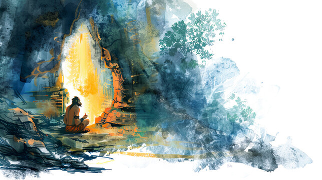 Explore Hanuman's Journey in Hidden Cave with Ancient Scriptures Digital Watercolor Painting on White Background