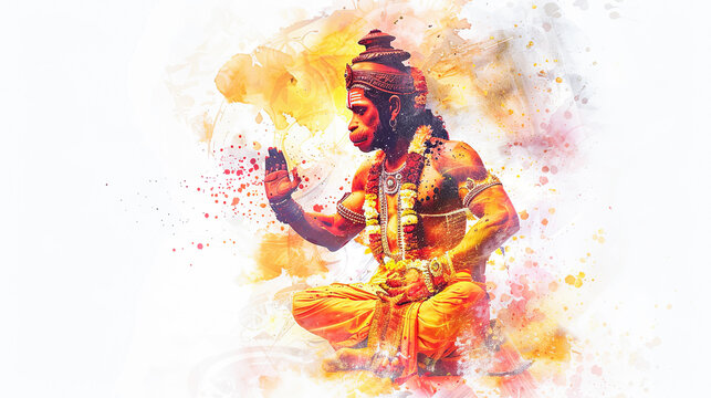 Hanuman performing sacred ritual for divine blessings in digital watercolor on white background
