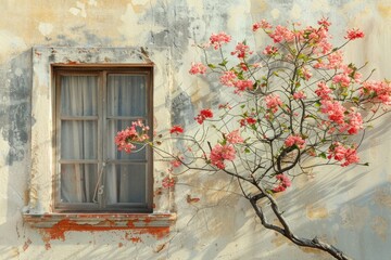 Blooming tree near an old window