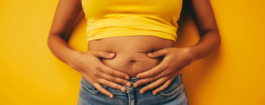 woman squeezing belly fat with both hands on yellow background