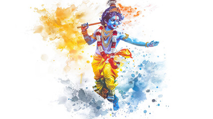 Digital painting of joyful divine child lord Krishna on a white background, spreading happiness.