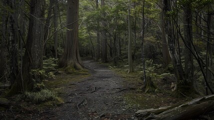 Obraz premium Aokigahara Forest, where ancient trees and shadows intertwine.