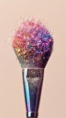 Glitter explosion from a cosmetic brush on pastel background