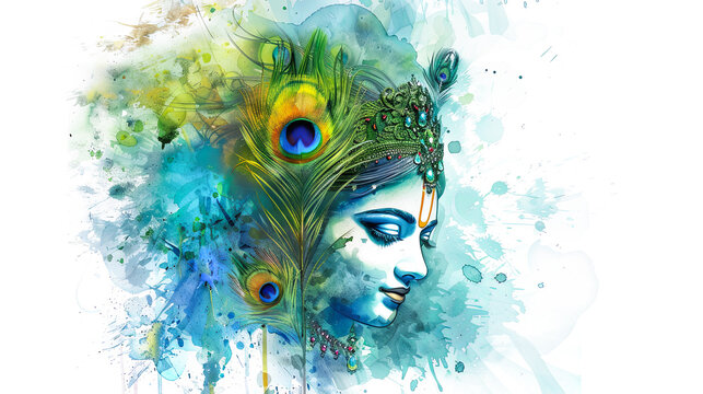 Beautiful digital painting of lord Krishna with peacock feather crown, symbolizing divine grace perfect for your home decor