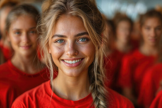 A woman with a red shirt and blue eyes is smiling