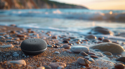 A miniature Bluetooth speaker disguised as a pebble on a beach, with gentle waves lapping at the shore.