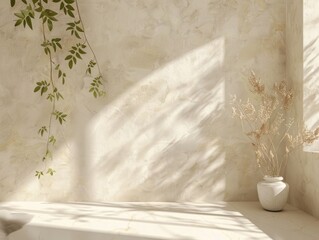 Vase is empty, and plant is small, brown bush