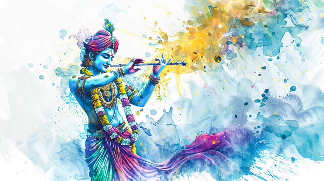 Beautiful digital painting of lord Krishna sharing wisdom from the Bhagavad Gita on a white background