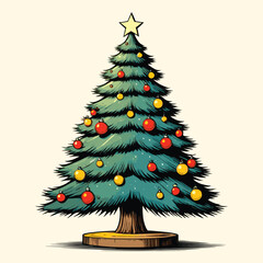 Christmas Tree With Christmas Lights and Stars Engraved Style