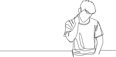 continuous single line drawing of man with neck pain, line art vector illustration