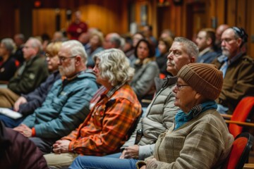 Fototapeta premium A focused group of adults, mostly elderly, attentively listen during a community meeting in a warmly lit auditorium