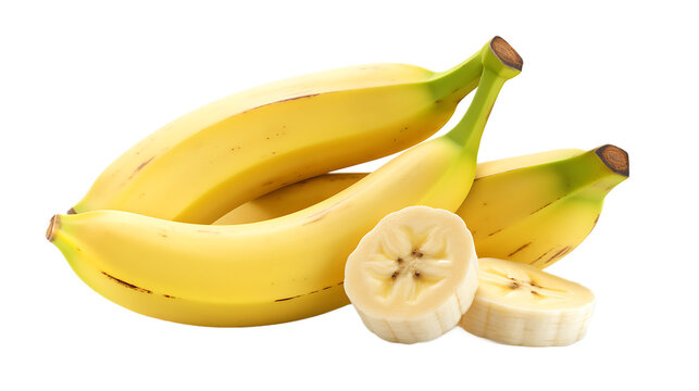 Ripe sweet banana on a transparent background. Whole banana and sliced. Healthy vitamin food. / A banana and a banana slice with a transparent background.